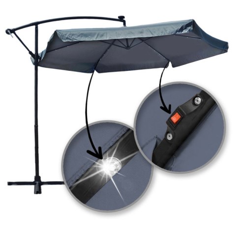 Parasol ogrodowy z oświetleniem SOLAR LED, wysięgnik i falbanka, grafitowy 3,5 m. OGP11SZ Parasol ogrodowy z oświetleniem SOLAR LED, wysięgnik i falbanka, grafitowy 3,5 m. OGP11SZ