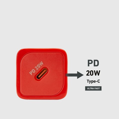 Ładowarka sieciowa GaN z Power Delivery 20W - czerwona Ładowarka sieciowa GaN z Power Delivery 20W - czerwona