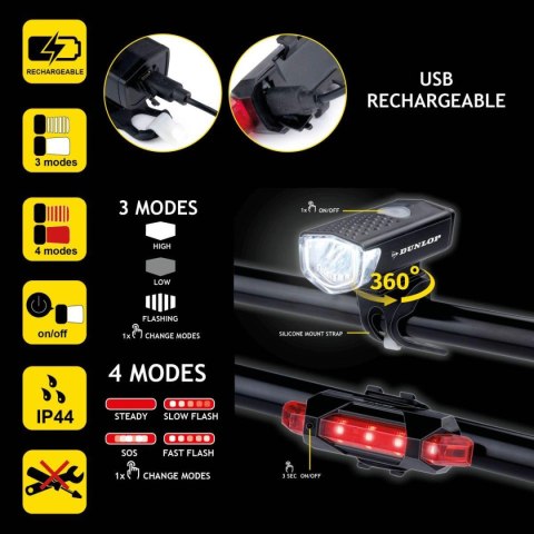 ZESTAW LAMP ROWEROWYCH LED PRZÓD I TYŁ DUNLOP ŁADOWANIE USB ZESTAW LAMP ROWEROWYCH LED PRZÓD I TYŁ DUNLOP ŁADOWANIE USB