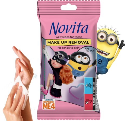 NOVITA Minionki Chusteczki nawilżane do demakijażu dla nastolatków, 12 szt. NOVITA Minionki Chusteczki nawilżane do demakijażu dla nastolatków, 12 szt.