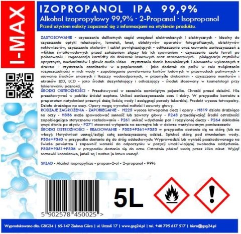 Alkohol izopropylowy Izopropanol IPA I-MAX 99,9% 5L Alkohol izopropylowy Izopropanol IPA I-MAX 99,9% 5L