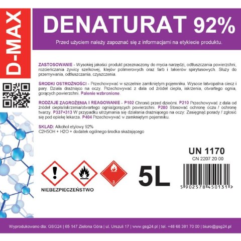 Denaturat alkohol skażony D-MAX 5L Denaturat alkohol skażony D-MAX 5L