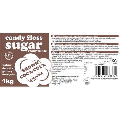 Kolorowy cukier do waty cukrowej brązowy o smaku coca-coli 1kg Kolorowy cukier do waty cukrowej brązowy o smaku coca-coli 1kg