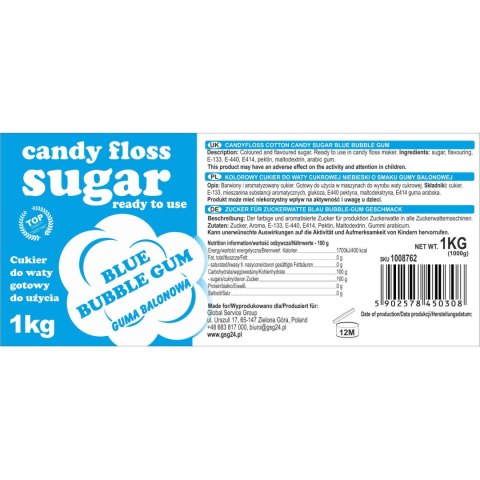 Kolorowy cukier do waty cukrowej niebieski o smaku gumy balonowej 1kg Kolorowy cukier do waty cukrowej niebieski o smaku gumy balonowej 1kg