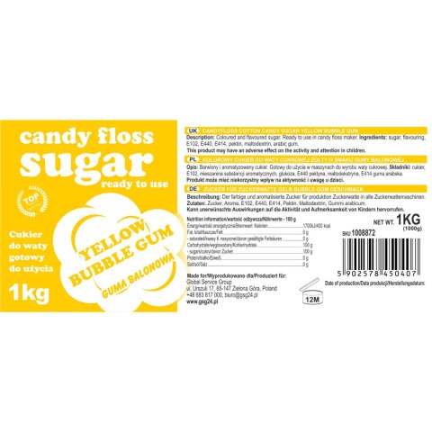 Kolorowy cukier do waty cukrowej żółty o smaku gumy balonowej 1kg Kolorowy cukier do waty cukrowej żółty o smaku gumy balonowej 1kg