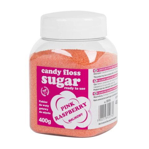Kolorowy cukier do waty cukrowej różowy o smaku malinowym 400g Kolorowy cukier do waty cukrowej różowy o smaku malinowym 400g