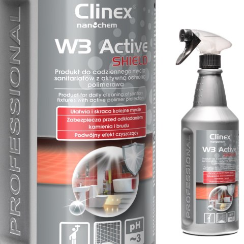 Preparat do mycia łazienki ubikacji usuwa rdzę kamień osady z mydła CLINEX W3 Active SHIELD 1L Preparat do mycia łazienki ubikacji usuwa rdzę kamień osady z mydła CLINEX W3 Active SHIELD 1L