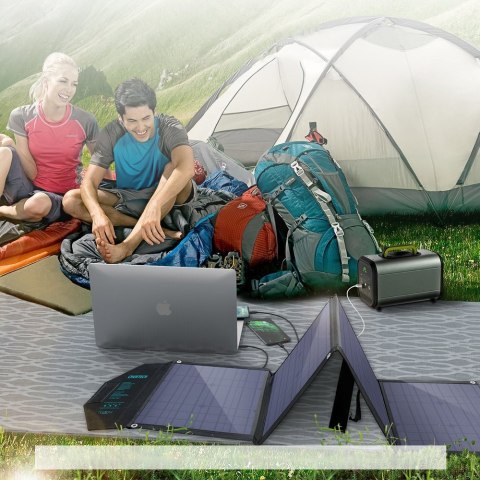 Duża ładowarka solarna 80W rozkładana DC USB C 2xUSB PD QC czarna Duża ładowarka solarna 80W rozkładana DC USB C 2xUSB PD QC czarna