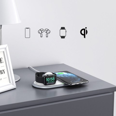 Ładowarka bezprzewodowa Qi 2w1 do smartfona Apple Watch ze stojakiem USB Typ C biały Ładowarka bezprzewodowa Qi 2w1 do smartfona Apple Watch ze stojakiem USB Typ C biały