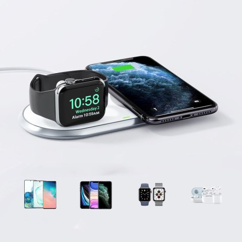 Ładowarka bezprzewodowa Qi 2w1 do smartfona Apple Watch ze stojakiem USB Typ C biały Ładowarka bezprzewodowa Qi 2w1 do smartfona Apple Watch ze stojakiem USB Typ C biały