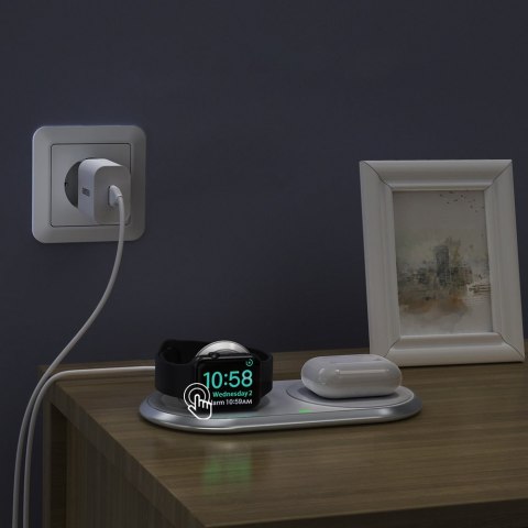 Ładowarka bezprzewodowa Qi 2w1 do smartfona Apple Watch ze stojakiem USB Typ C biały Ładowarka bezprzewodowa Qi 2w1 do smartfona Apple Watch ze stojakiem USB Typ C biały