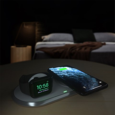 Ładowarka bezprzewodowa Qi 2w1 do smartfona Apple Watch ze stojakiem USB Typ C biały Ładowarka bezprzewodowa Qi 2w1 do smartfona Apple Watch ze stojakiem USB Typ C biały