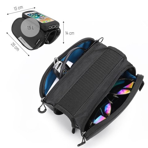 Torba rowerowa na ramę + odczepiany pokrowiec na telefon do 6.5" 1.5l czarna Torba rowerowa na ramę + odczepiany pokrowiec na telefon do 6.5" 1.5l czarna