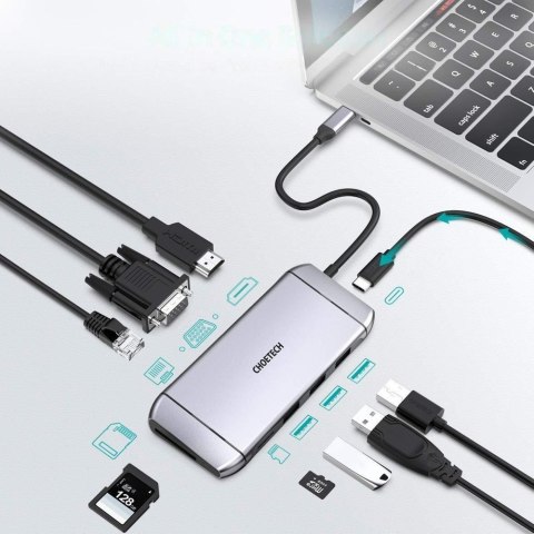 Wielofunkcyjny HUB USB czytnik kart SD i TF HDMI 4K VGA Full HD RJ45 9w1 szary Wielofunkcyjny HUB USB czytnik kart SD i TF HDMI 4K VGA Full HD RJ45 9w1 szary