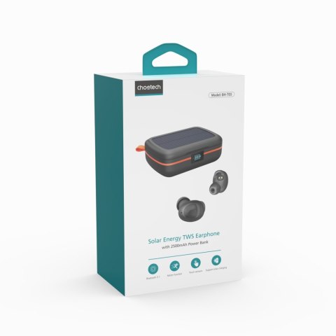Słuchawki bezprzewodowe TWS wodoodporne z ładowarką solarną i powerbankiem 2500mAh czarny Słuchawki bezprzewodowe TWS wodoodporne z ładowarką solarną i powerbankiem 2500mAh czarny