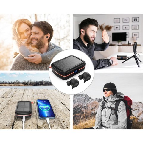 Słuchawki bezprzewodowe TWS wodoodporne z ładowarką solarną i powerbankiem 2500mAh czarny Słuchawki bezprzewodowe TWS wodoodporne z ładowarką solarną i powerbankiem 2500mAh czarny
