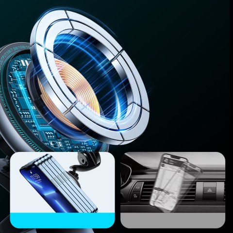 Uchwyt magnetyczny z ładowarką indukcyjną Qi 15W MagSafe na deskę rozdzielczą srebrny Uchwyt magnetyczny z ładowarką indukcyjną Qi 15W MagSafe na deskę rozdzielczą srebrny