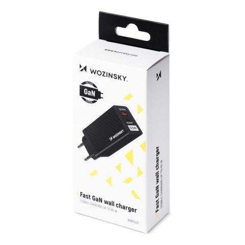 Ładowarka GaN 65W z portami USB USB-C QC 3.0 PD czarna Ładowarka GaN 65W z portami USB USB-C QC 3.0 PD czarna