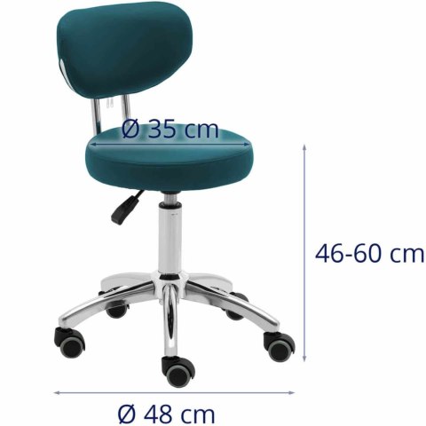 Krzesło kosmetyczne obrotowe z oparciem na kółkach 46-60 cm ASCONA - turkusowe Krzesło kosmetyczne obrotowe z oparciem na kółkach 46-60 cm ASCONA - turkusowe