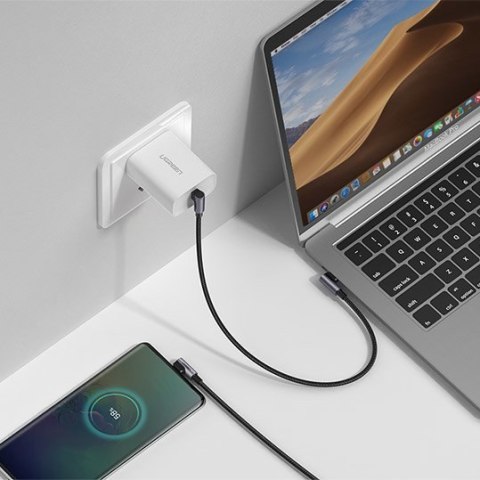 Kabel przewód kątowy z bocznym wtykiem USB-C na USB-C Quick Charge 1m - szary Kabel przewód kątowy z bocznym wtykiem USB-C na USB-C Quick Charge 1m - szary