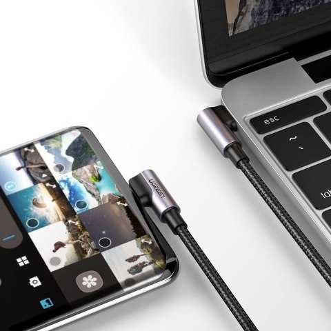 Kabel przewód kątowy z bocznym wtykiem USB-C na USB-C Quick Charge 1m - szary Kabel przewód kątowy z bocznym wtykiem USB-C na USB-C Quick Charge 1m - szary