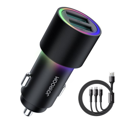 Ładowarka samochodowa 2x USB + kabel 3w1 USB-C / micro USB / Lightning 1.2m - czarny Ładowarka samochodowa 2x USB + kabel 3w1 USB-C / micro USB / Lightning 1.2m - czarny
