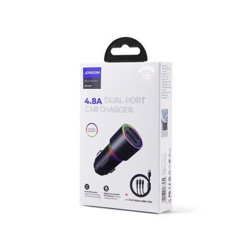 Ładowarka samochodowa 2x USB + kabel 3w1 USB-C / micro USB / Lightning 1.2m - czarny Ładowarka samochodowa 2x USB + kabel 3w1 USB-C / micro USB / Lightning 1.2m - czarny