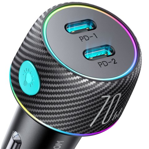 Ładowarka samochodowa podwójna 2x USB-C 70W z podświetleniem LED JR-CCN02 - czarna Ładowarka samochodowa podwójna 2x USB-C 70W z podświetleniem LED JR-CCN02 - czarna