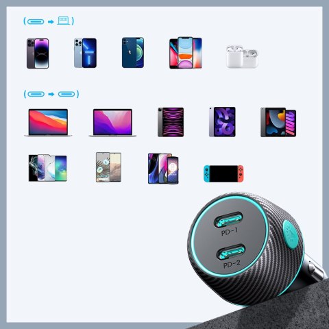 Ładowarka samochodowa podwójna 2x USB-C 70W z podświetleniem LED JR-CCN02 - czarna Ładowarka samochodowa podwójna 2x USB-C 70W z podświetleniem LED JR-CCN02 - czarna