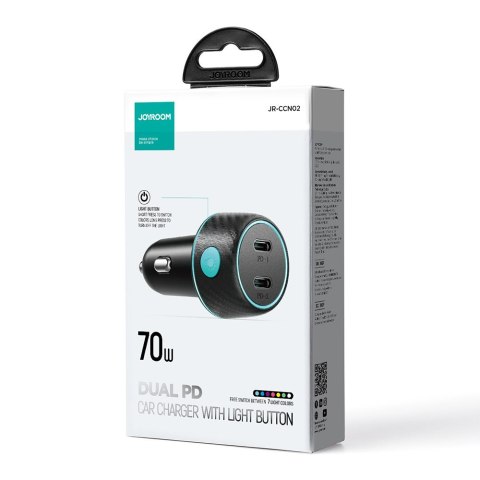 Ładowarka samochodowa podwójna 2x USB-C 70W z podświetleniem LED JR-CCN02 - czarna Ładowarka samochodowa podwójna 2x USB-C 70W z podświetleniem LED JR-CCN02 - czarna