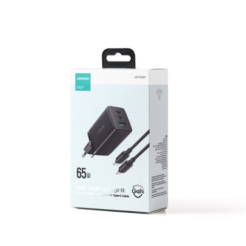 Szybka ładowarka sieciowa GaN USB 2x USB-C + kabel USB-C 1.2m - czarna Szybka ładowarka sieciowa GaN USB 2x USB-C + kabel USB-C 1.2m - czarna