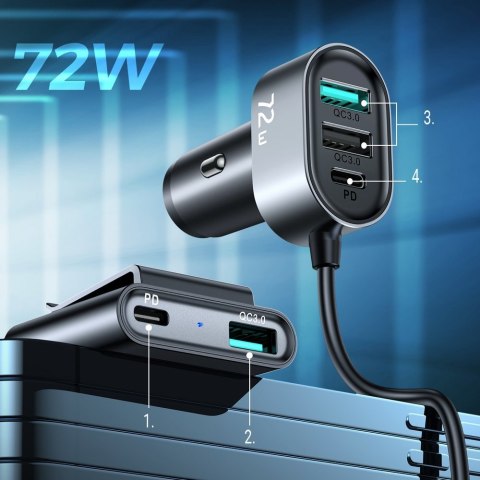 Ładowarka samochodowa 5 urządzeń 2xPD + 2xQC3.0 72W 1.5m czarna Ładowarka samochodowa 5 urządzeń 2xPD + 2xQC3.0 72W 1.5m czarna
