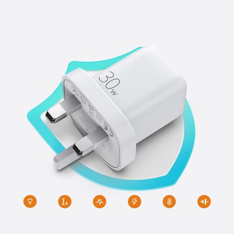 Ładowarka sieciowa do telefonu USB-C USB 30W PD QC 4.5A angielska wtyczka UK biały Ładowarka sieciowa do telefonu USB-C USB 30W PD QC 4.5A angielska wtyczka UK biały