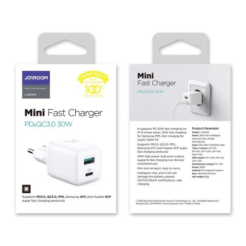 Ładowarka sieciowa wtyczka EU USB USB-C 30W PD QC AFC FCP biała Ładowarka sieciowa wtyczka EU USB USB-C 30W PD QC AFC FCP biała
