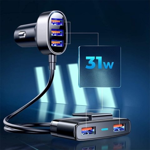 Szybka ładowarka samochodowa 5x USB 6.2A z przedłużaczem czarny Szybka ładowarka samochodowa 5x USB 6.2A z przedłużaczem czarny