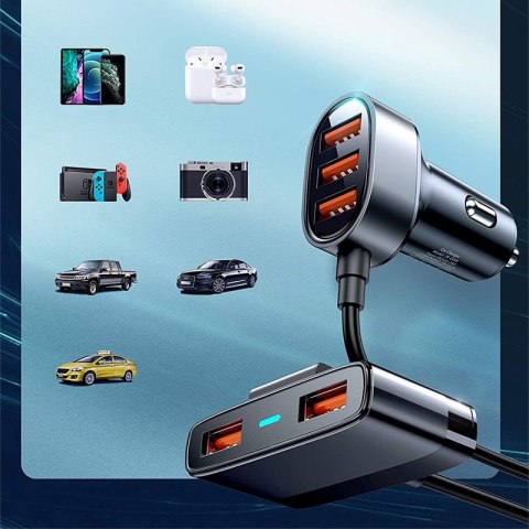 Szybka ładowarka samochodowa 5x USB 6.2A z przedłużaczem czarny Szybka ładowarka samochodowa 5x USB 6.2A z przedłużaczem czarny