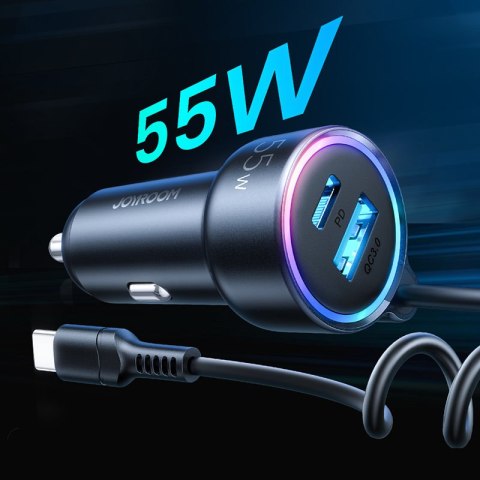 Szybka ładowarka samochodowa 3w1 z kablem USB-C 1.5m 55W czarny Szybka ładowarka samochodowa 3w1 z kablem USB-C 1.5m 55W czarny