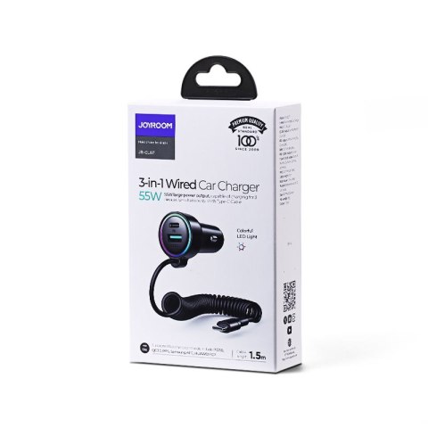 Szybka ładowarka samochodowa 3w1 z kablem USB-C 1.5m 55W czarny Szybka ładowarka samochodowa 3w1 z kablem USB-C 1.5m 55W czarny