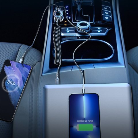 Szybka ładowarka samochodowa 3w1 z kablem USB-C 1.5m 55W czarny Szybka ładowarka samochodowa 3w1 z kablem USB-C 1.5m 55W czarny