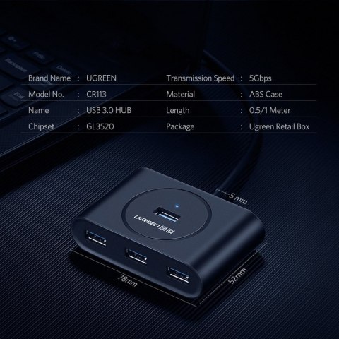 Rozdzielacz HUB portu USB do 4x USB 3.2 kabel 0.5 m czarny Rozdzielacz HUB portu USB do 4x USB 3.2 kabel 0.5 m czarny