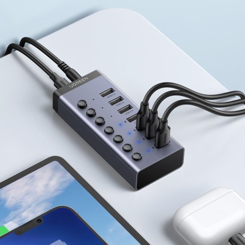 7w1 Wielofunkcyjny HUB rozdzielacz USB-C - 7x USB 3.0 PD DC 12V szary 7w1 Wielofunkcyjny HUB rozdzielacz USB-C - 7x USB 3.0 PD DC 12V szary