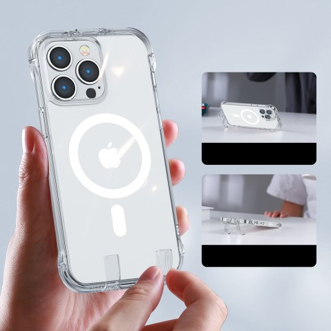 Magnetyczne etui do iPhone 14 Plus pancerny pokrowiec z haczykami podstawką przezroczysty Magnetyczne etui do iPhone 14 Plus pancerny pokrowiec z haczykami podstawką przezroczysty