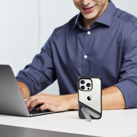 Sztywne etui z żelową ramką i wbudowaną podstawką do iPhone 14 Pro czarny Sztywne etui z żelową ramką i wbudowaną podstawką do iPhone 14 Pro czarny