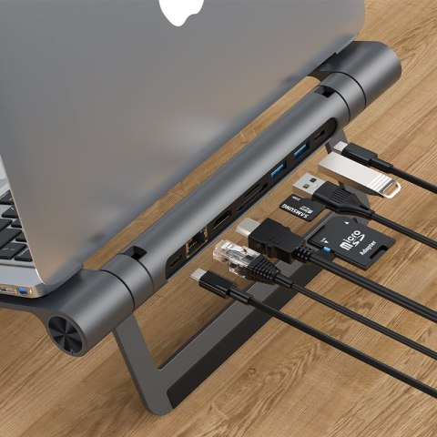 8w1 Podstawka do laptopa + HUB wielofunkcyjny USB-C TF SD HDMI 4K RJ45 100W szary 8w1 Podstawka do laptopa + HUB wielofunkcyjny USB-C TF SD HDMI 4K RJ45 100W szary