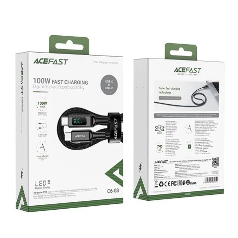 Kabel przewód w oplocie z ekranem LED USB-C 100W 20V 5A 2m czarny Kabel przewód w oplocie z ekranem LED USB-C 100W 20V 5A 2m czarny