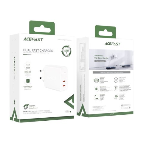 Ładowarka sieciowa 2x USB-C 40W PPS PD QC 3.0 AFC FCP biały Ładowarka sieciowa 2x USB-C 40W PPS PD QC 3.0 AFC FCP biały