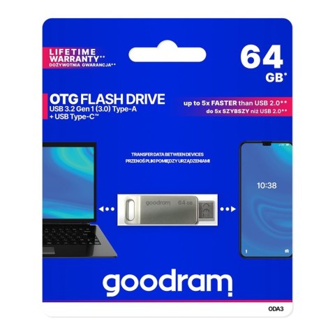 Pendrive 64GB dwa złącza USB 3.2 + USB-C OTG ODA3 srebrny Pendrive 64GB dwa złącza USB 3.2 + USB-C OTG ODA3 srebrny