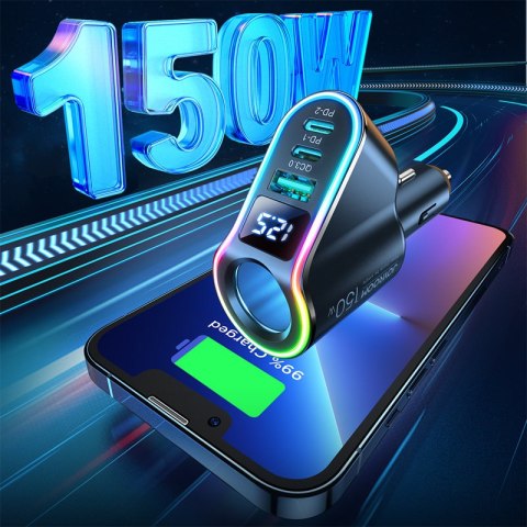 4w1 Szybka ładowarka samochodowa USB-A 2x USB-C PD 150W czarna 4w1 Szybka ładowarka samochodowa USB-A 2x USB-C PD 150W czarna