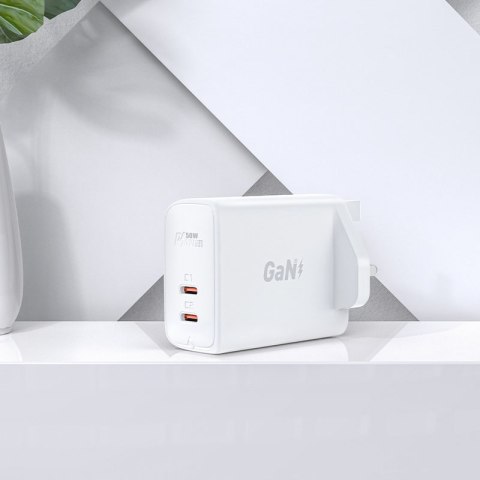 Ładowarka sieciowa angielska A32 GaN dwa porty USB-C PD 50W wtyczka UK biały Ładowarka sieciowa angielska A32 GaN dwa porty USB-C PD 50W wtyczka UK biały