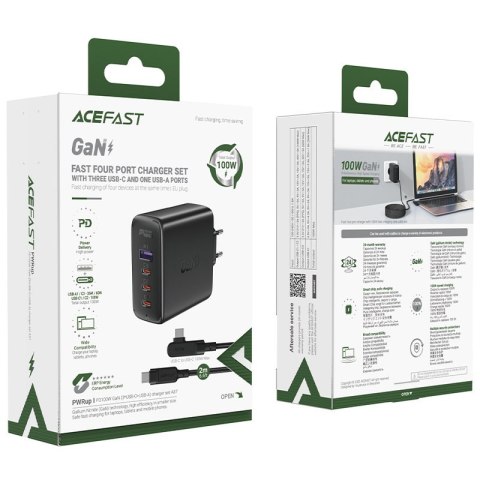 Szybka ładowarka sieciowa GaN 3x USB-C 1x USB-A + kabel kątowy USB-C 100W 2m czarny Szybka ładowarka sieciowa GaN 3x USB-C 1x USB-A + kabel kątowy USB-C 100W 2m czarny